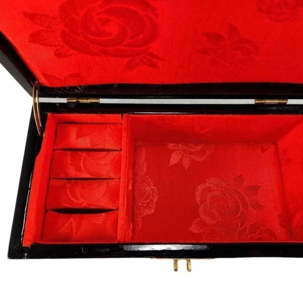 Lacquered Wood Jewelry Box Cork Diorama Pagoda Cranes Footed‎ Trinket Box READ